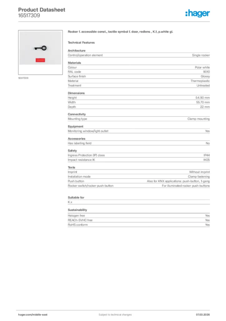Image Hager Product data sheet 16517309  | Hager