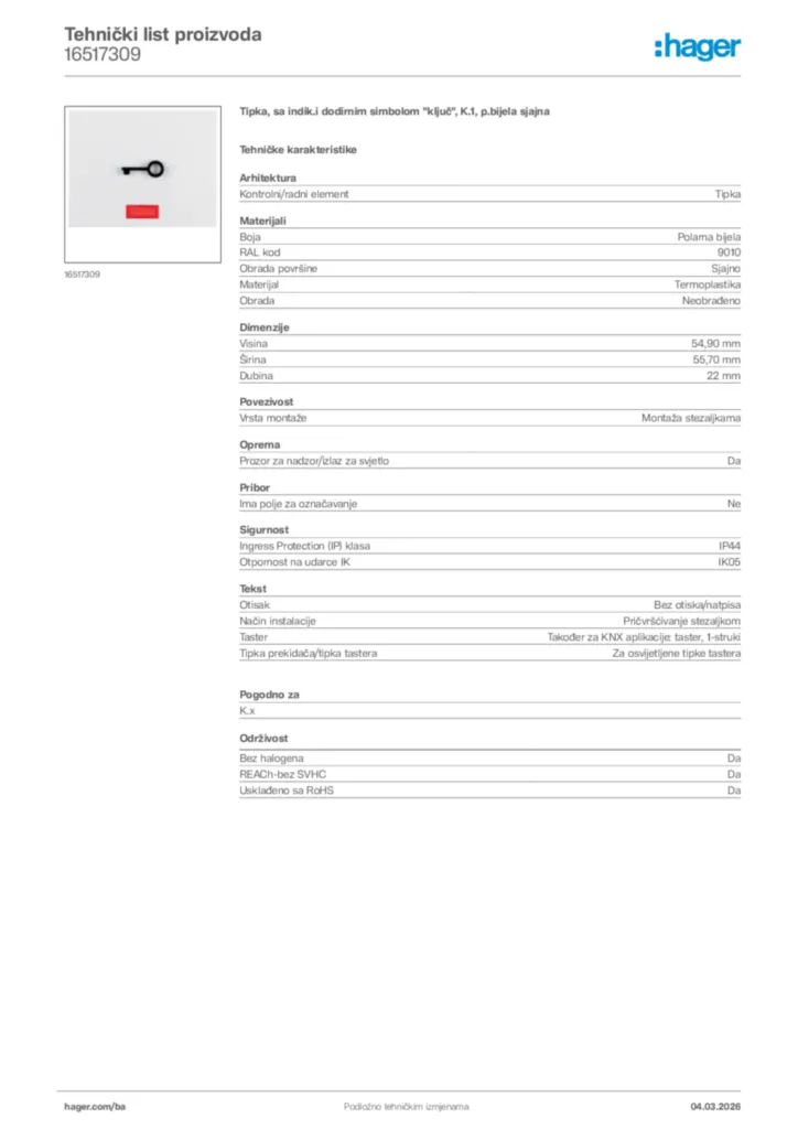 Slika Hager Tehnički list proizvoda 16517309  | Hager
