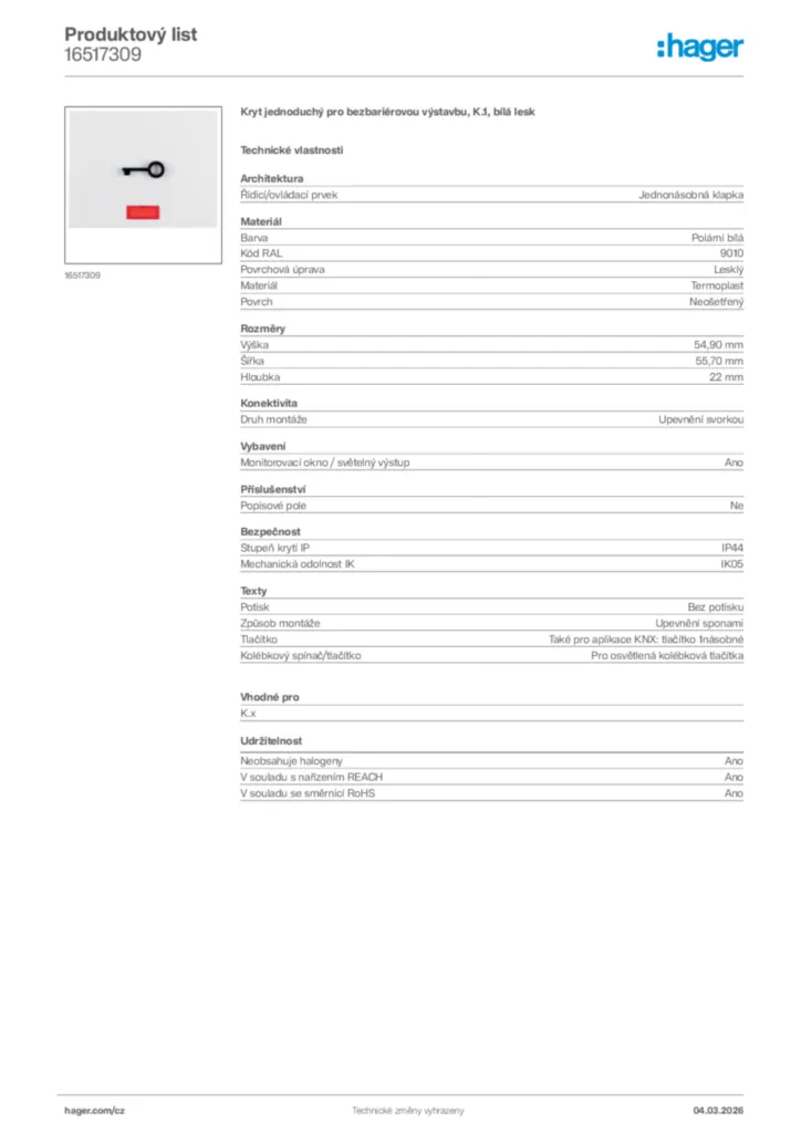 Obrázek Hager Product data sheet 16517309 | Hager