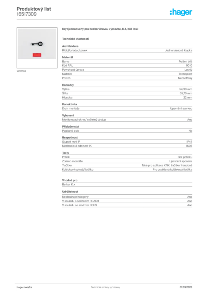 Obrázek Hager Produktový list 16517309 | Hager