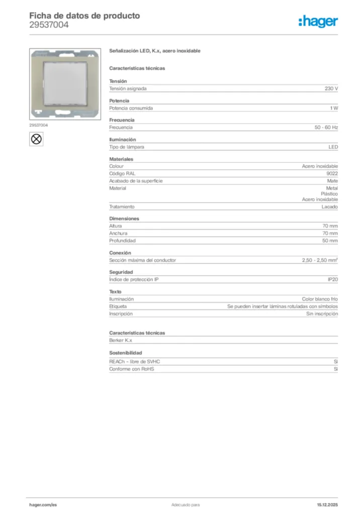 Imagen Hager Ficha de datos de producto 29537004 | Hager España