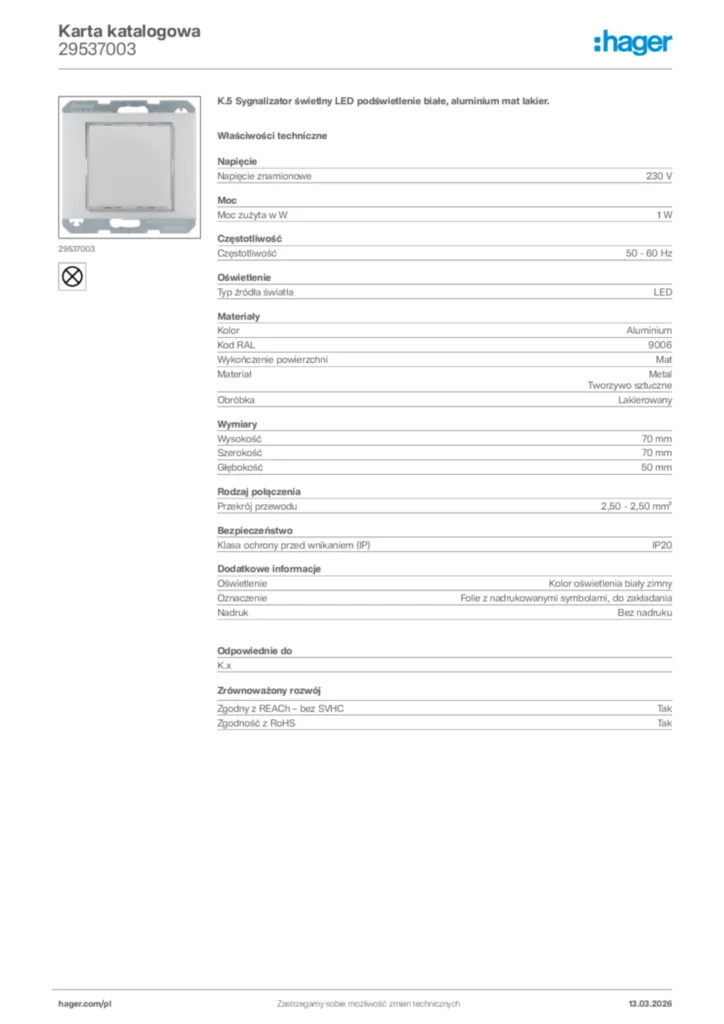 Zdjęcie Hager Karta katalogowa 29537003 | Hager Polska