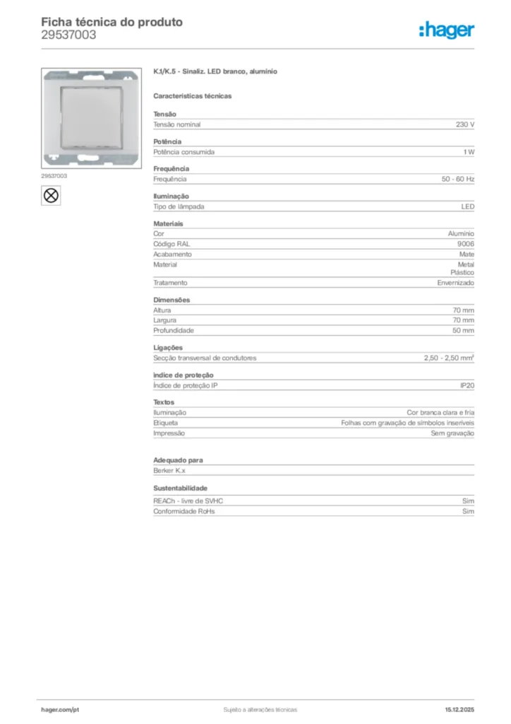 Imagem Hager Ficha técnica do produto 29537003 | Hager Portugal