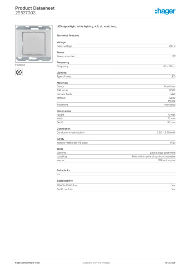 Image Hager Product data sheet 29537003  | Hager
