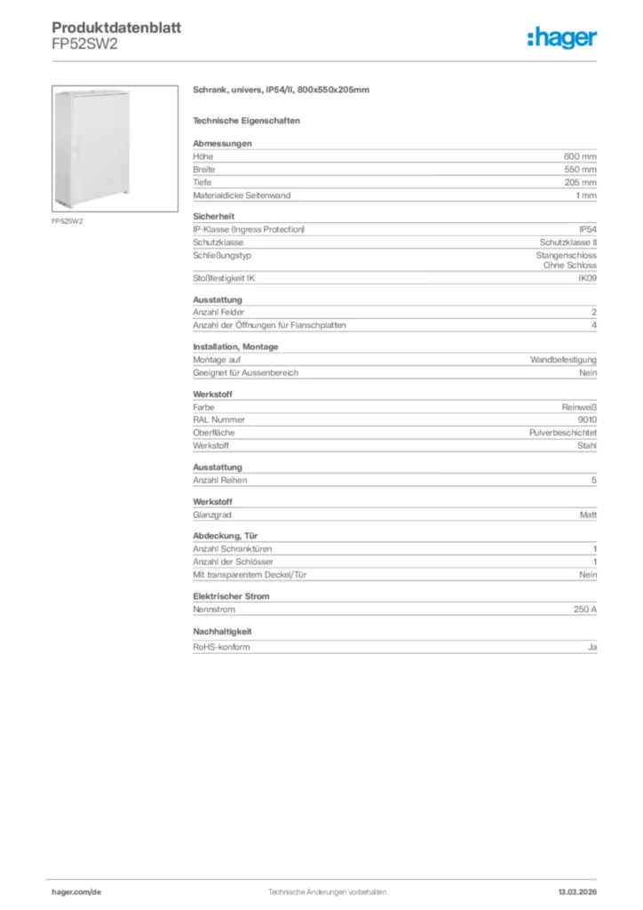 Bild Hager Produktdatenblatt FP52SW2 | Hager Deutschland