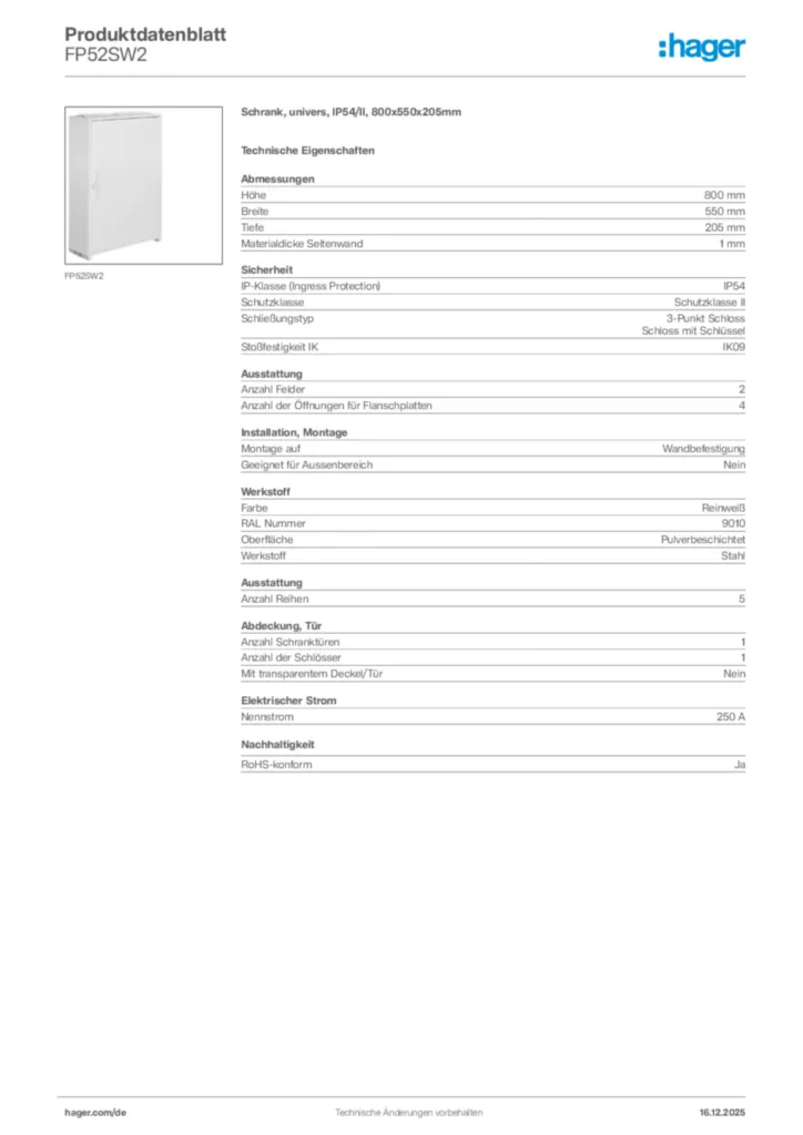 Bild Hager Produktdatenblatt FP52SW2 | Hager Deutschland