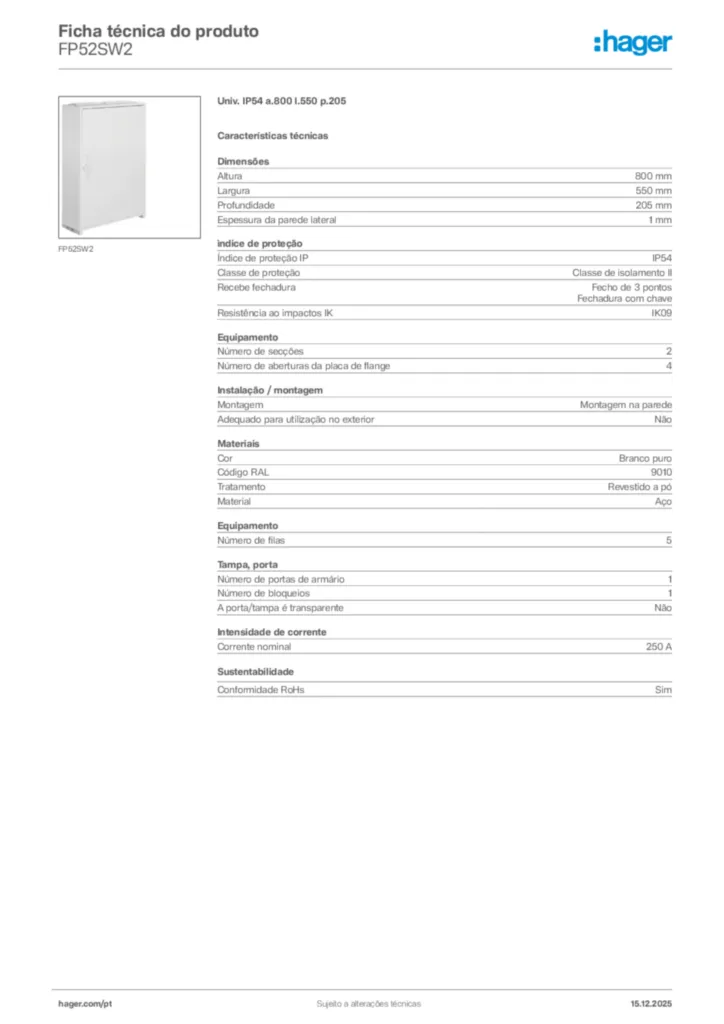 Imagem Hager Ficha técnica do produto FP52SW2 | Hager Portugal