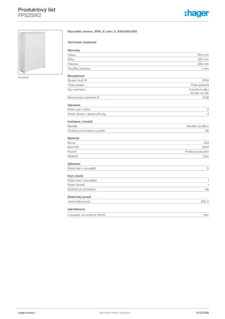 Obrázek Hager Produktový list FP52SW2 | Hager