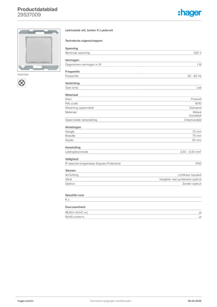 Afbeelding Hager Productdatablad 29537009 | Hager Nederland