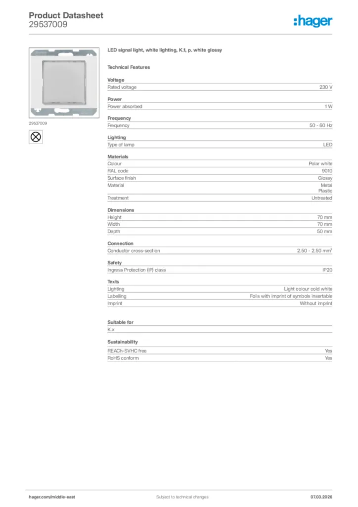 Image Hager Product data sheet 29537009  | Hager