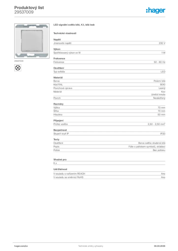 Obrázek Hager Product data sheet 29537009 | Hager