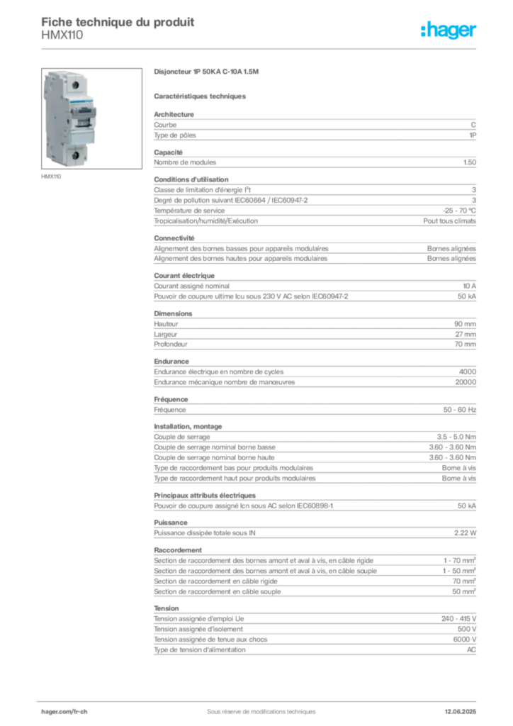 Image Hager Fiche technique du produit HMX110 | Hager Suisse