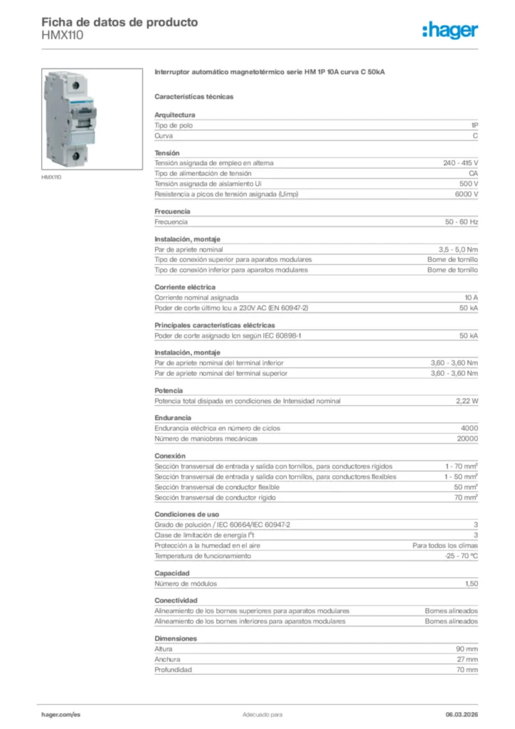 Imagen Hager Ficha de datos de producto HMX110 | Hager España