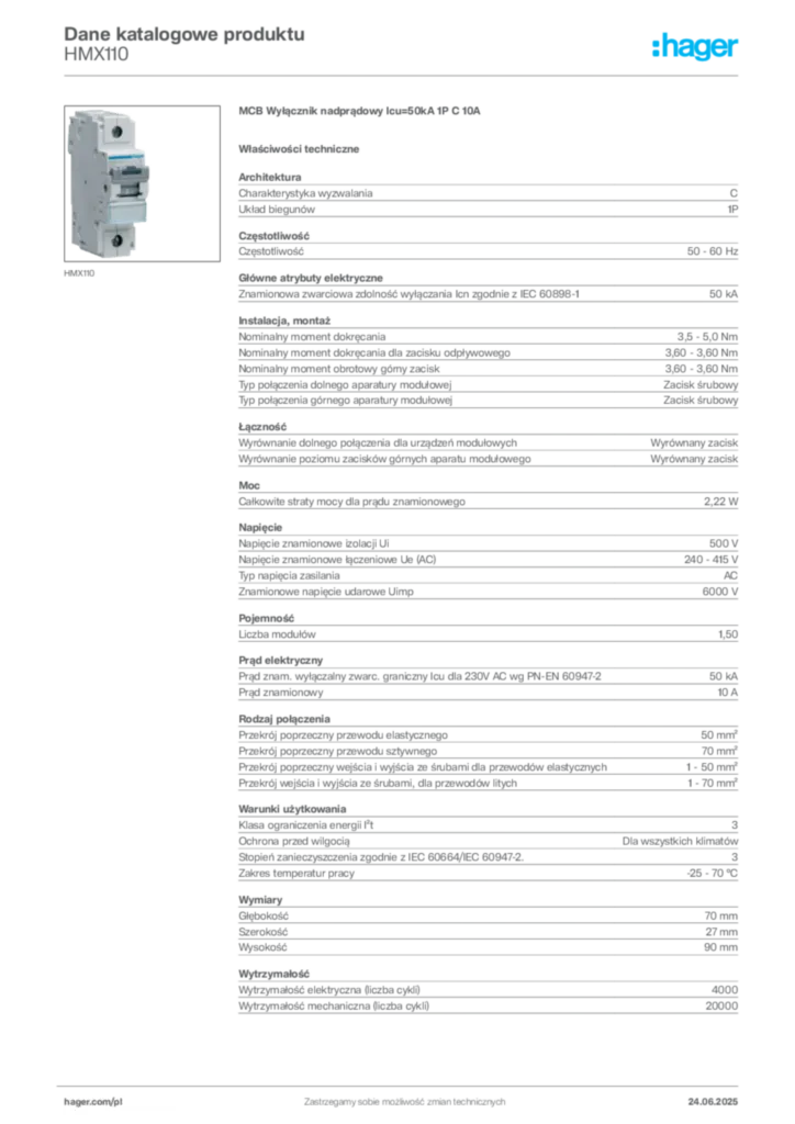 Zdjęcie Hager Karta katalogowa HMX110 | Hager Polska