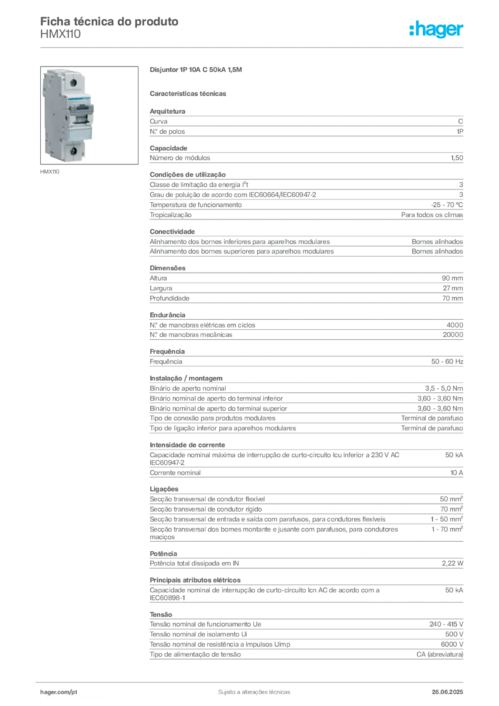 Imagem Hager Ficha técnica do produto HMX110 | Hager Portugal