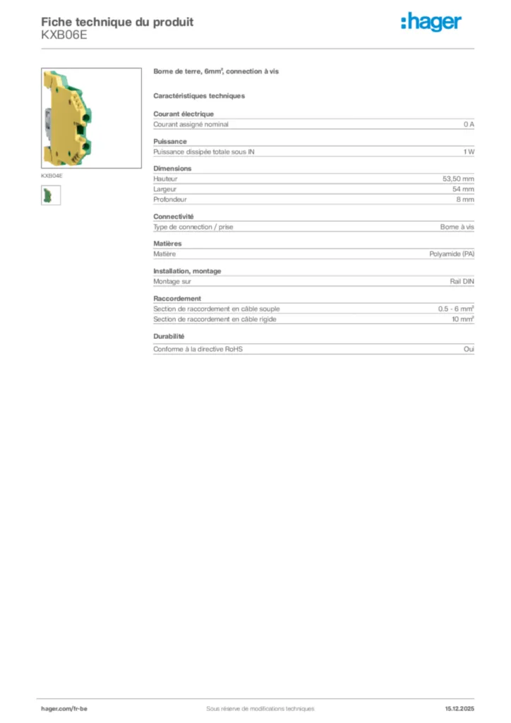 Image Hager Fiche technique du produit KXB06E | Hager Belgique