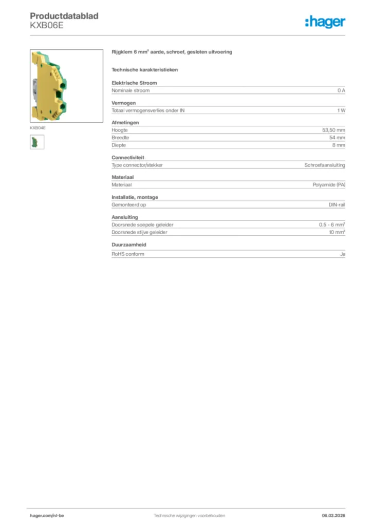 Afbeelding Hager Productdatablad KXB06E | Hager Belgium