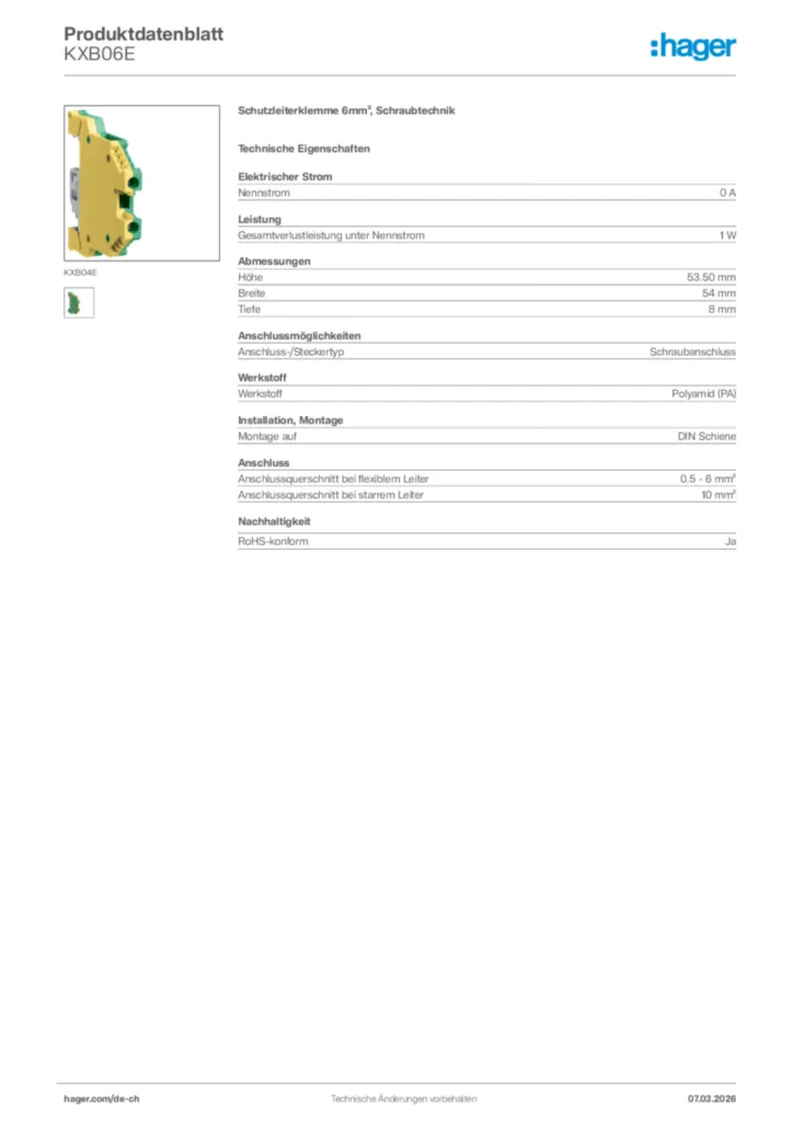Bild Hager Produktdatenblatt KXB06E | Hager Schweiz