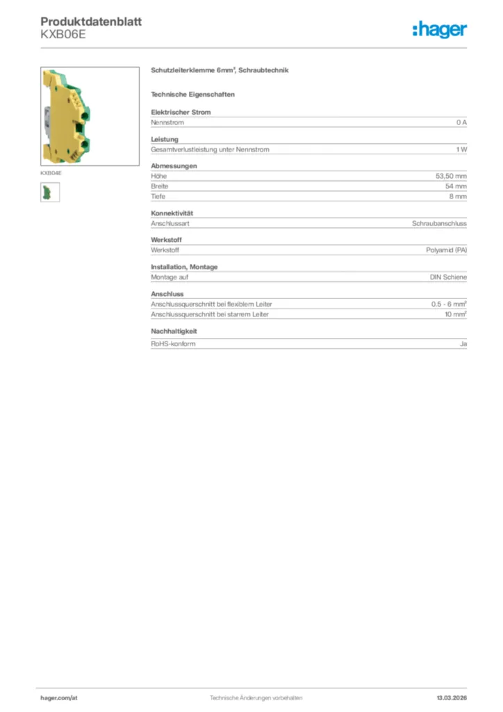 Bild Hager Produktdatenblatt KXB06E | Hager Deutschland
