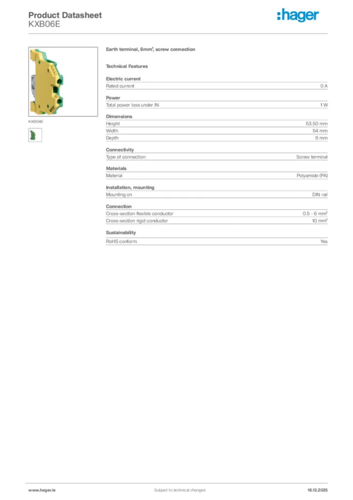 Image Hager Product data sheet KXB06E  | Hager