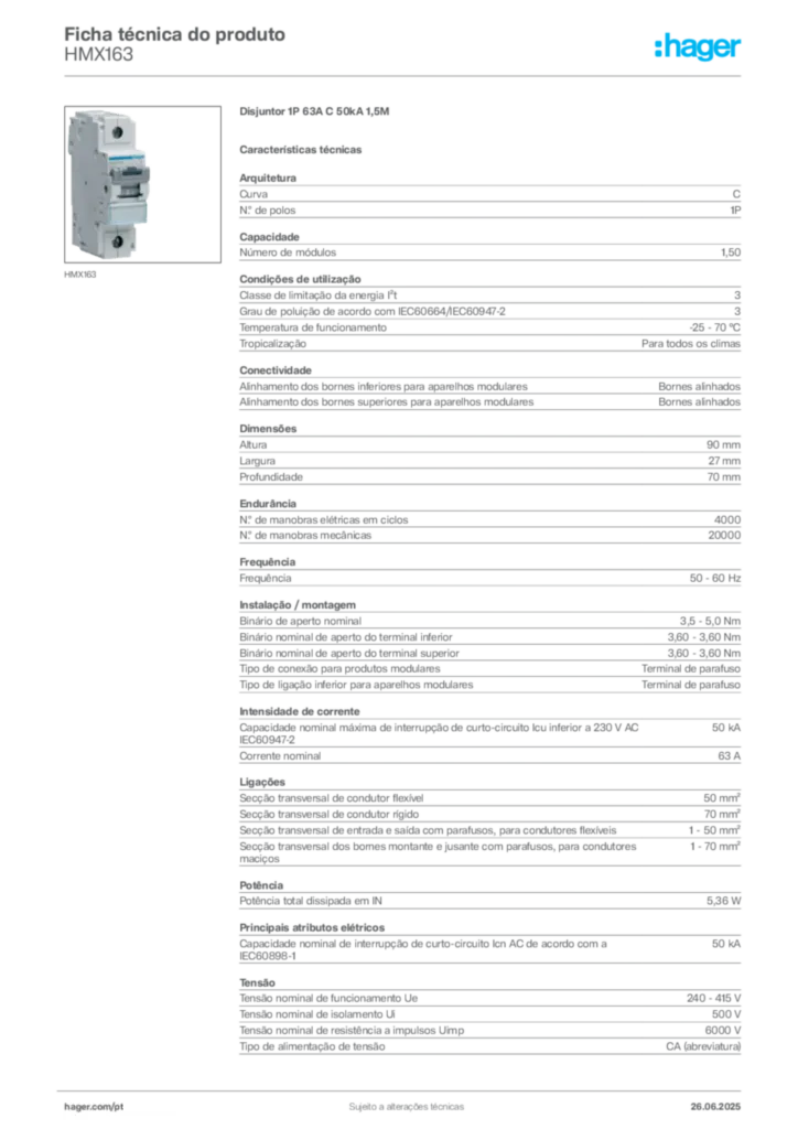 Imagem Hager Ficha técnica do produto HMX163 | Hager Portugal