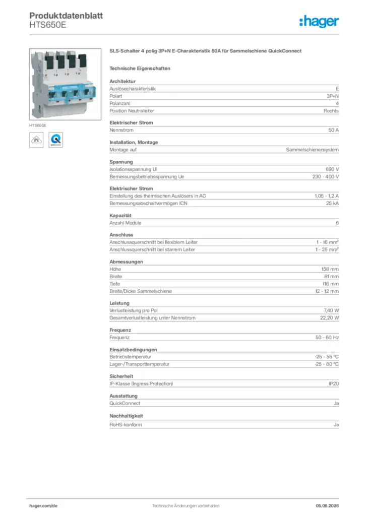 Bild Hager Produktdatenblatt HTS650E | Hager Deutschland