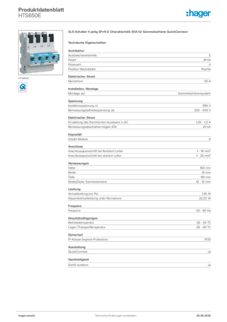 Bild Hager Produktdatenblatt HTS650E | Hager Deutschland