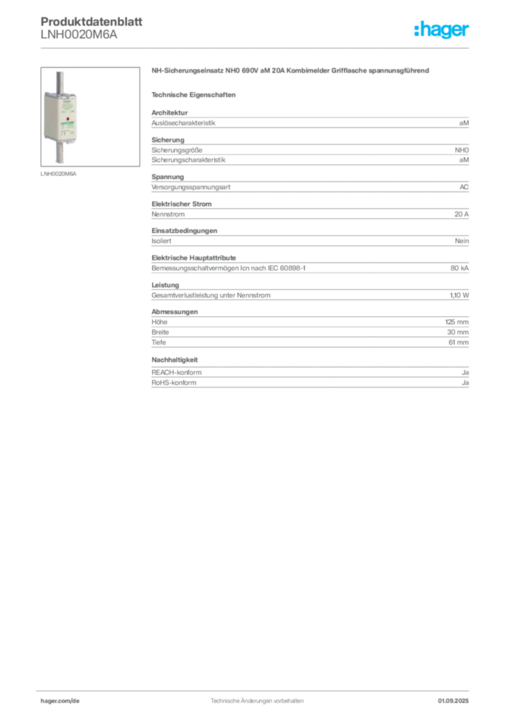 Hager Produktdatenblatt LNH0020M6A