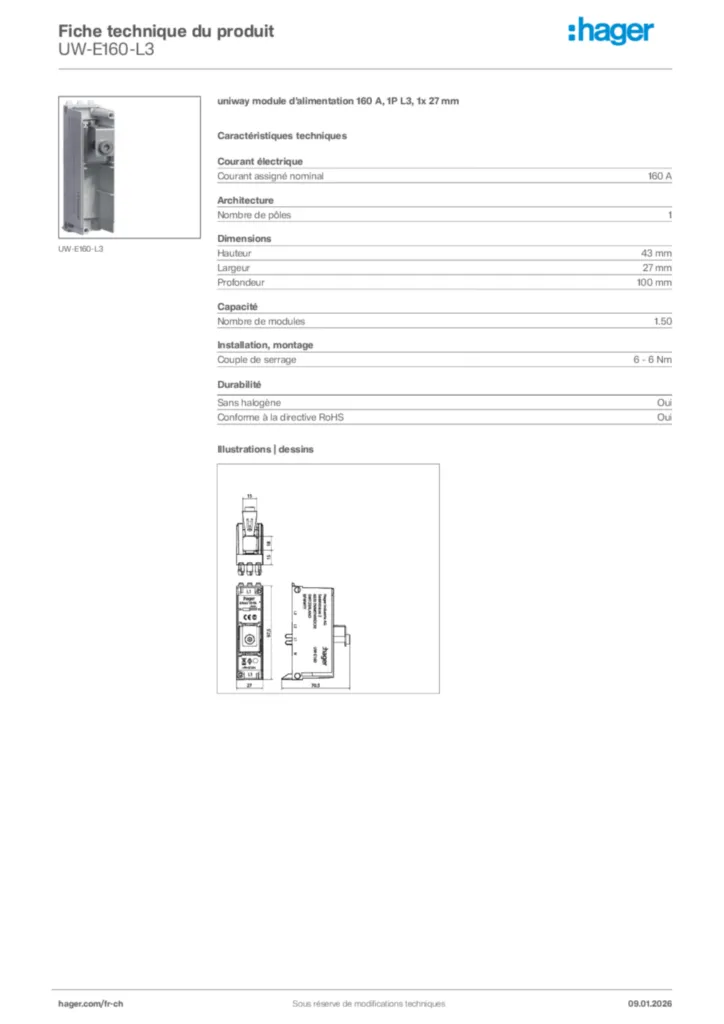 Image Hager Fiche technique du produit UW-E160-L3 | Hager Suisse
