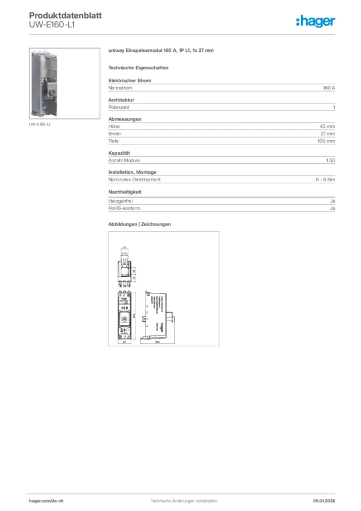 Bild Hager Produktdatenblatt UW-E160-L1 | Hager Schweiz
