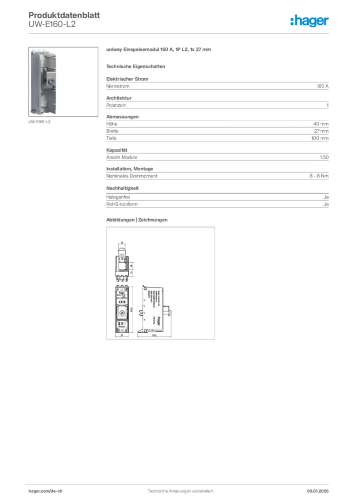 Bild Hager Produktdatenblatt UW-E160-L2 | Hager Schweiz