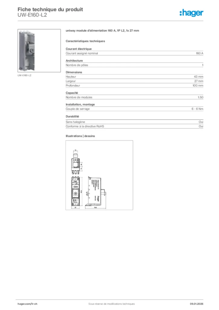 Image Hager Fiche technique du produit UW-E160-L2 | Hager Suisse