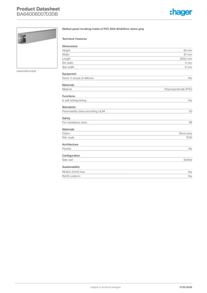 Image Hager Product data sheet BA64006007030B  | Hager Africa