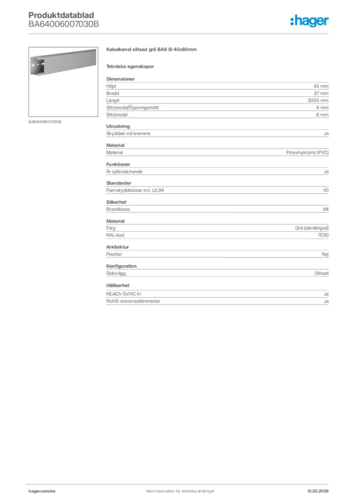 Bild Hager Produktdatablad BA64006007030B | Hager Sverige