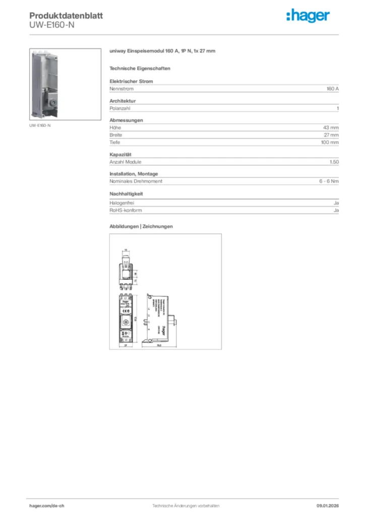 Bild Hager Produktdatenblatt UW-E160-N | Hager Schweiz