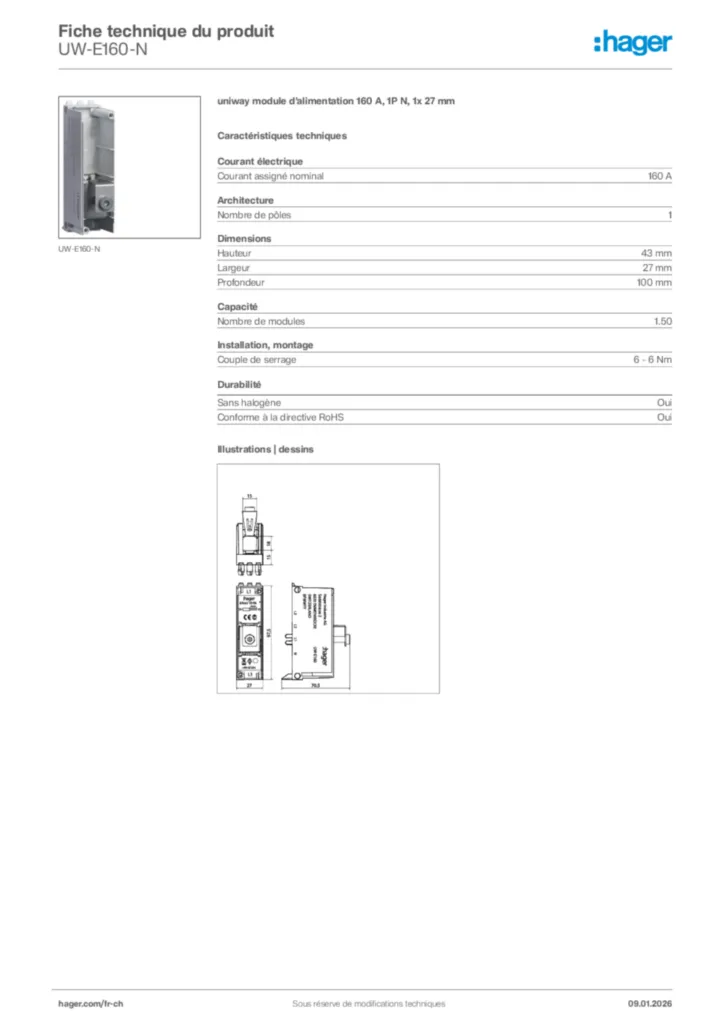 Image Hager Fiche technique du produit UW-E160-N | Hager Suisse