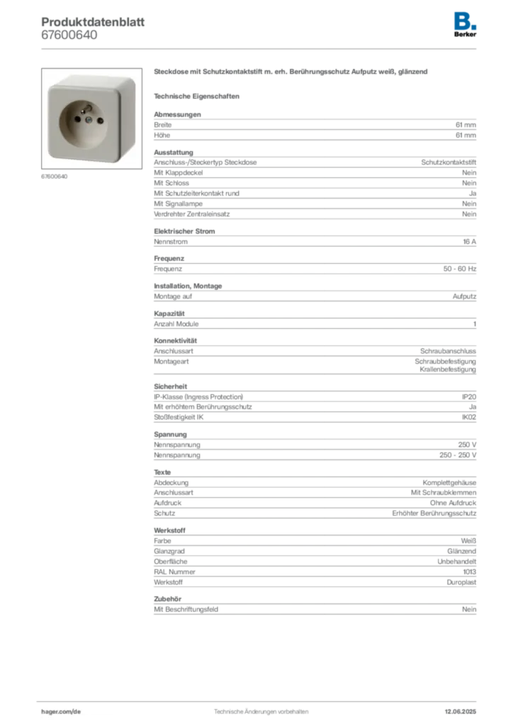 Bild Berker Produktdatenblatt 67600640 | Hager Deutschland