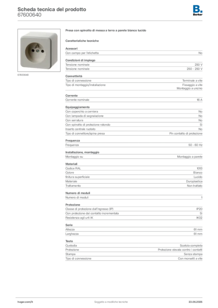 Immagine Berker Scheda tecnica del prodotto 67600640 | Hager Italia