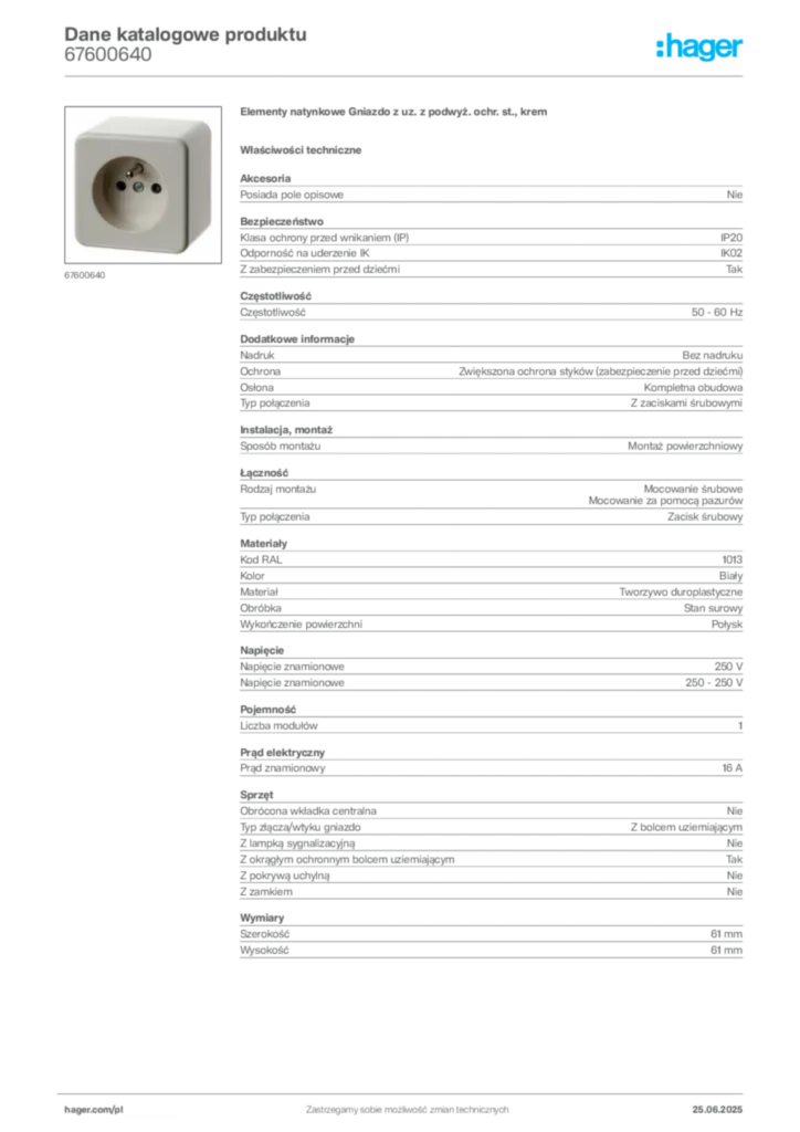 Zdjęcie Hager Karta katalogowa 67600640 | Hager Polska