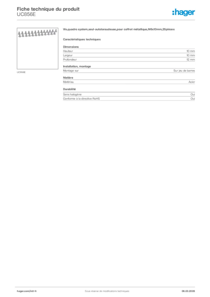 Image Hager Fiche technique du produit UC856E | Hager Afrique