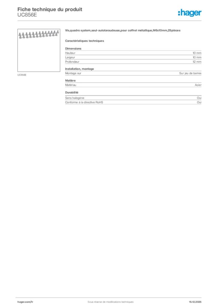 Image Hager Fiche technique du produit UC856E | Hager France