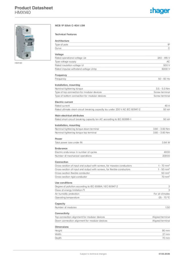 Image Hager Product data sheet HMX140  | Hager Africa