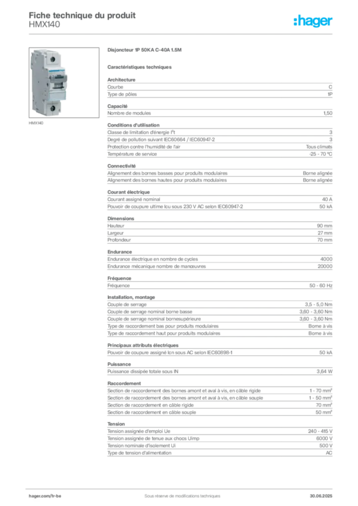 Image Hager Fiche technique du produit HMX140 | Hager Belgique
