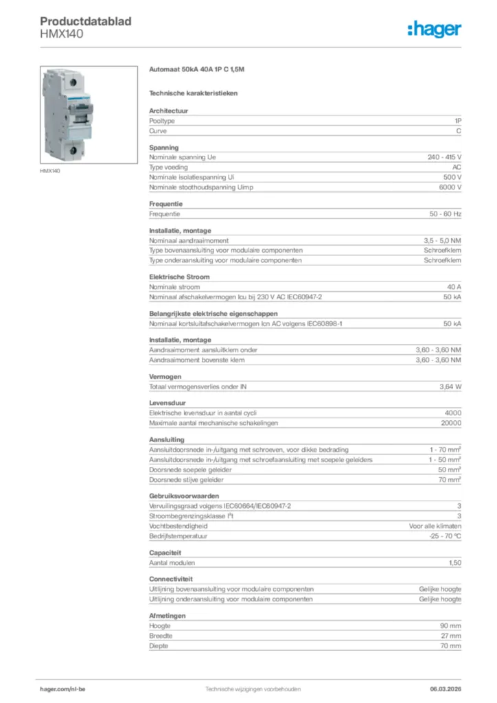 Afbeelding Hager Productdatablad HMX140 | Hager Belgium