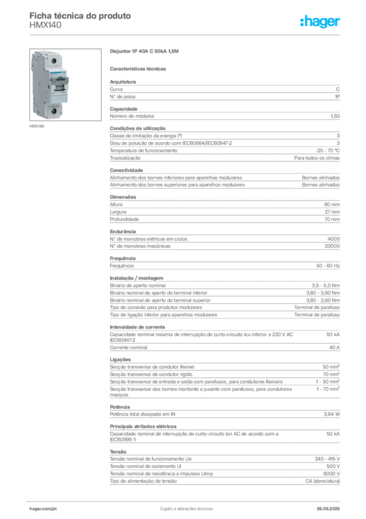 Imagem Hager Ficha técnica do produto HMX140 | Hager Portugal