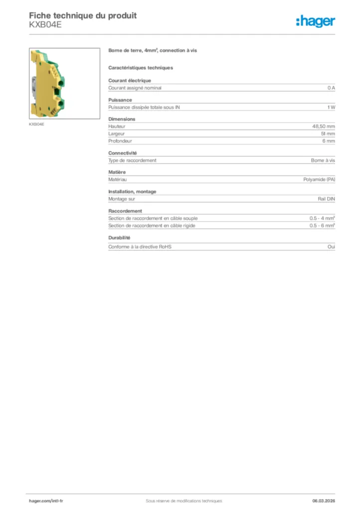 Image Hager Fiche technique du produit KXB04E | Hager Afrique