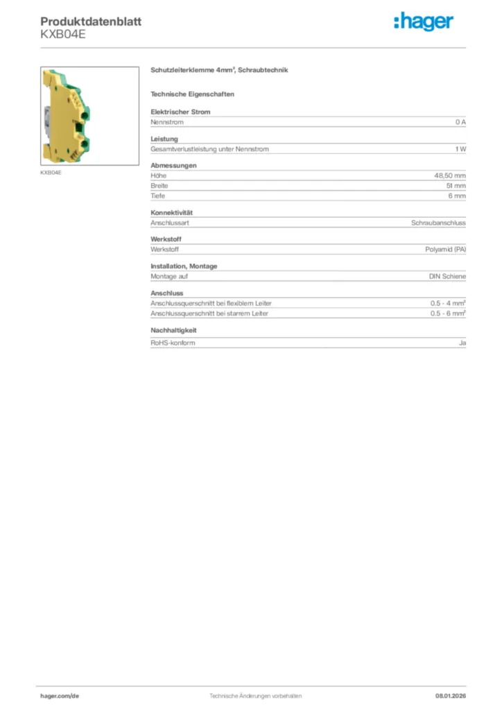 Bild Hager Produktdatenblatt KXB04E | Hager Deutschland