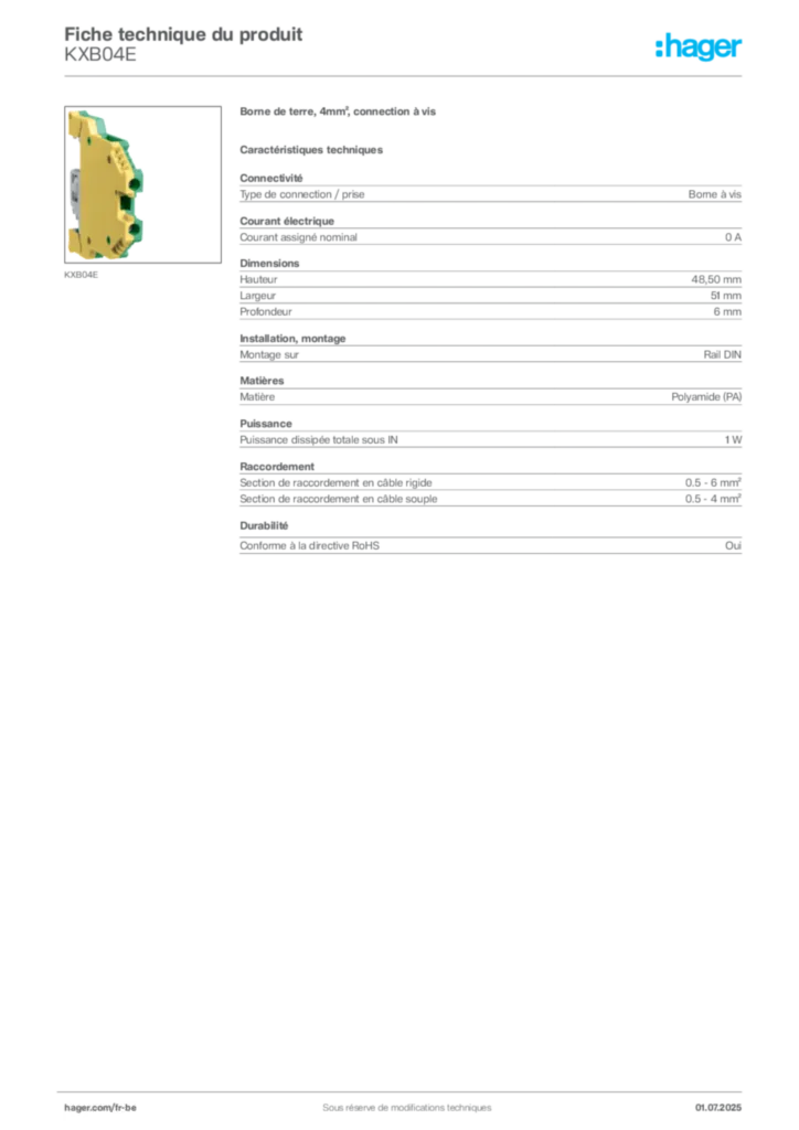 Image Hager Fiche technique du produit KXB04E | Hager Belgique