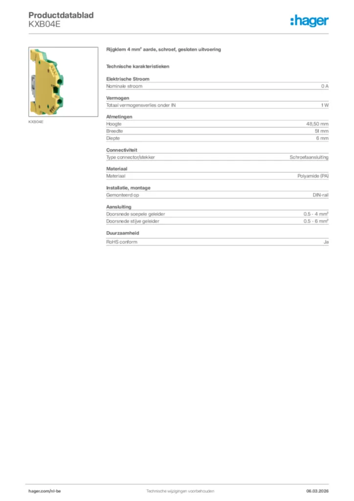 Afbeelding Hager Productdatablad KXB04E | Hager Belgium