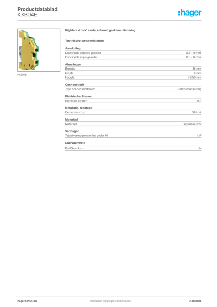 Afbeelding Hager Productdatablad KXB04E | Hager Belgium